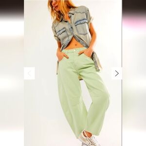 Free People We The Free Good Luck Mid Rise Barrel Jeans Pistachio 24